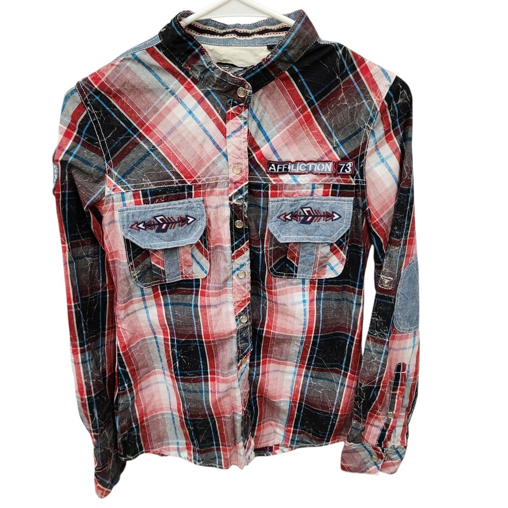 Affliction Pearl Snap Embroidered Plaid Western Shirt Elbow Patch Women S Blue